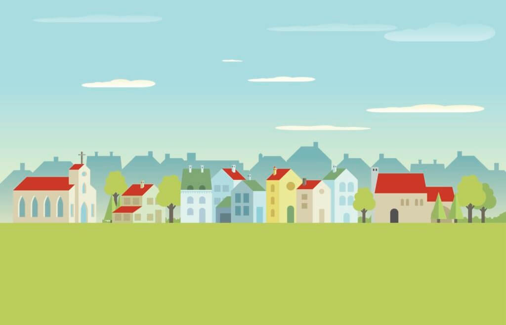 Vector drawing of suburban area with various homes and buildings.